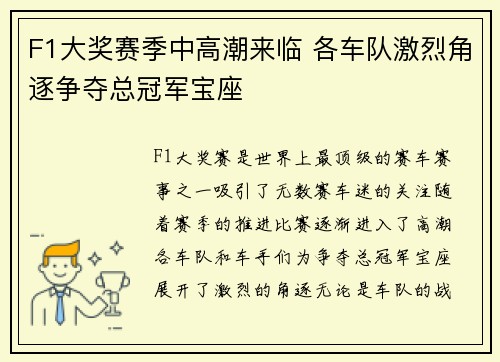 F1大奖赛季中高潮来临 各车队激烈角逐争夺总冠军宝座