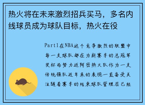热火将在未来激烈招兵买马，多名内线球员成为球队目标，热火在役